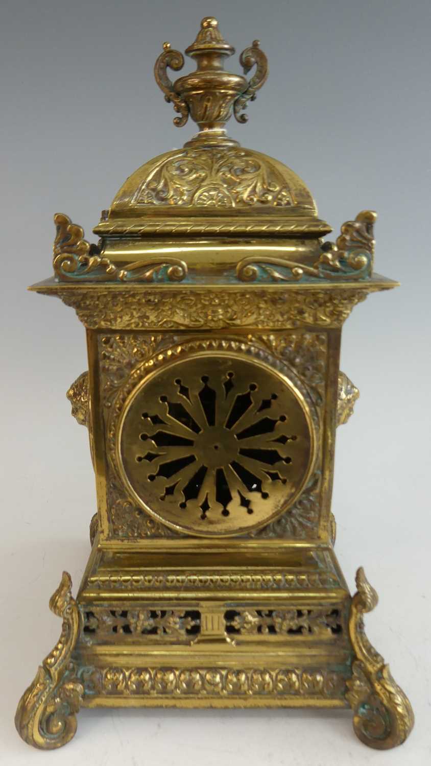 A late 19th century French cast and gilt brass three-piece clock garniture, comprising; clock of - Image 4 of 6