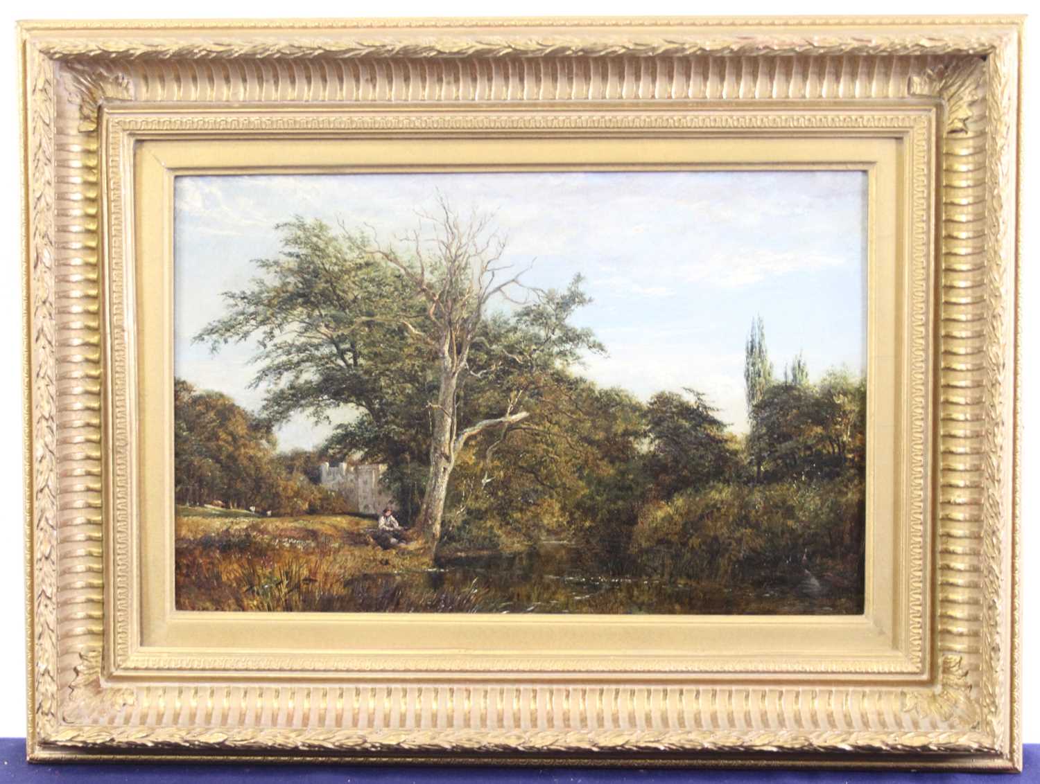 19th century English school - Lone fisherman in a parkland landscape, oil on canvas, 28 x 43.5cm - Image 2 of 5