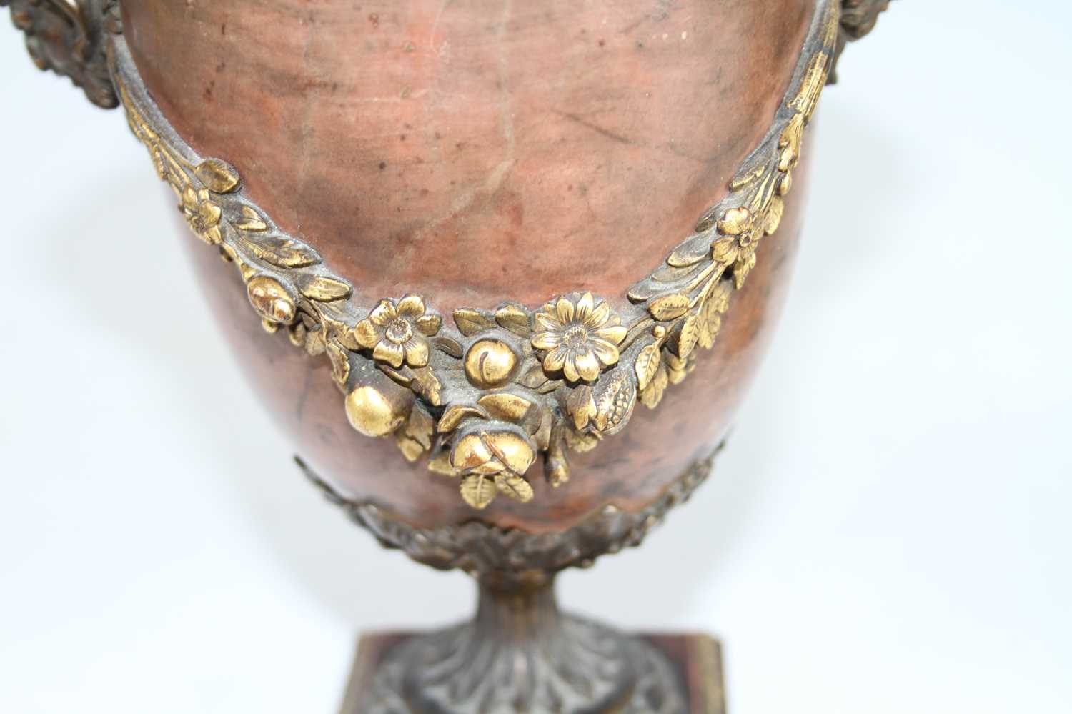 A pair of mid-19th century Jasper and gilt bronze mounted pedestal urns, having finial topped - Image 5 of 7