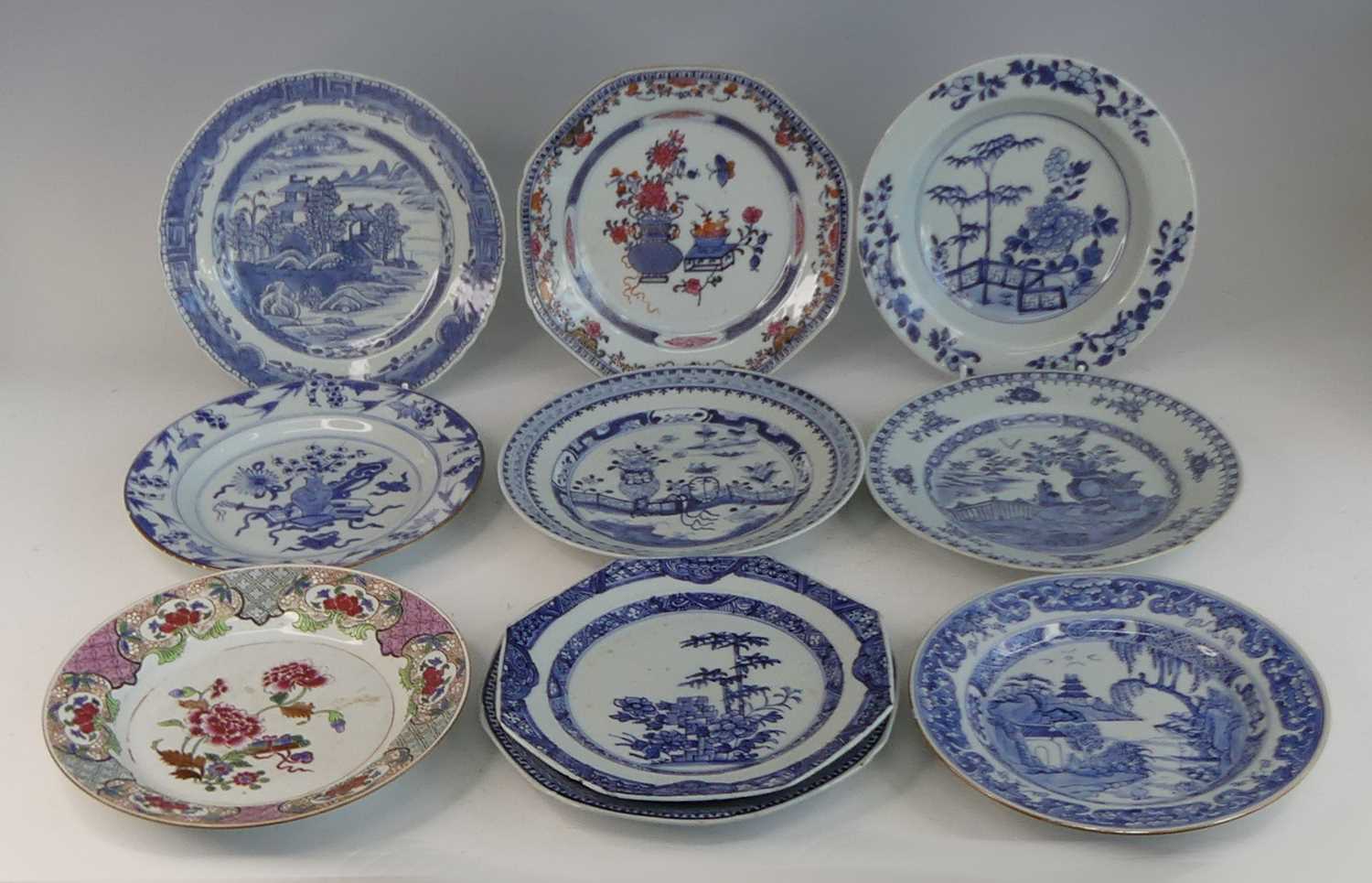 A collection of 18th century Chinese export porcelain plates and dishes, to include enamel decorated