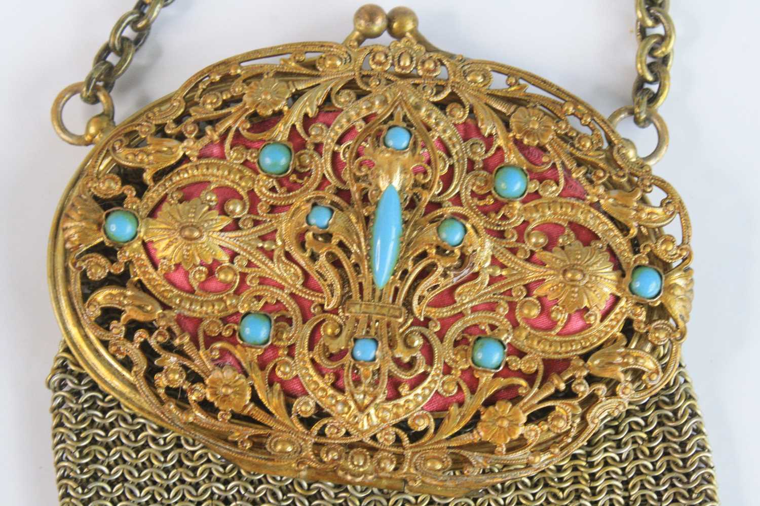 A late 19th century French silvered cast brass chatelaine / vanity purse, the top of oval form - Image 6 of 8