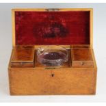 An early Victorian burr walnut and rosewood crossbanded tea caddy, the hinged cover opening to