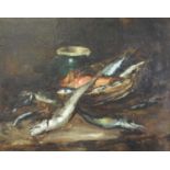 Late 19th century continental school - Still life with fish in a basket, oil on canvas (re-lined),