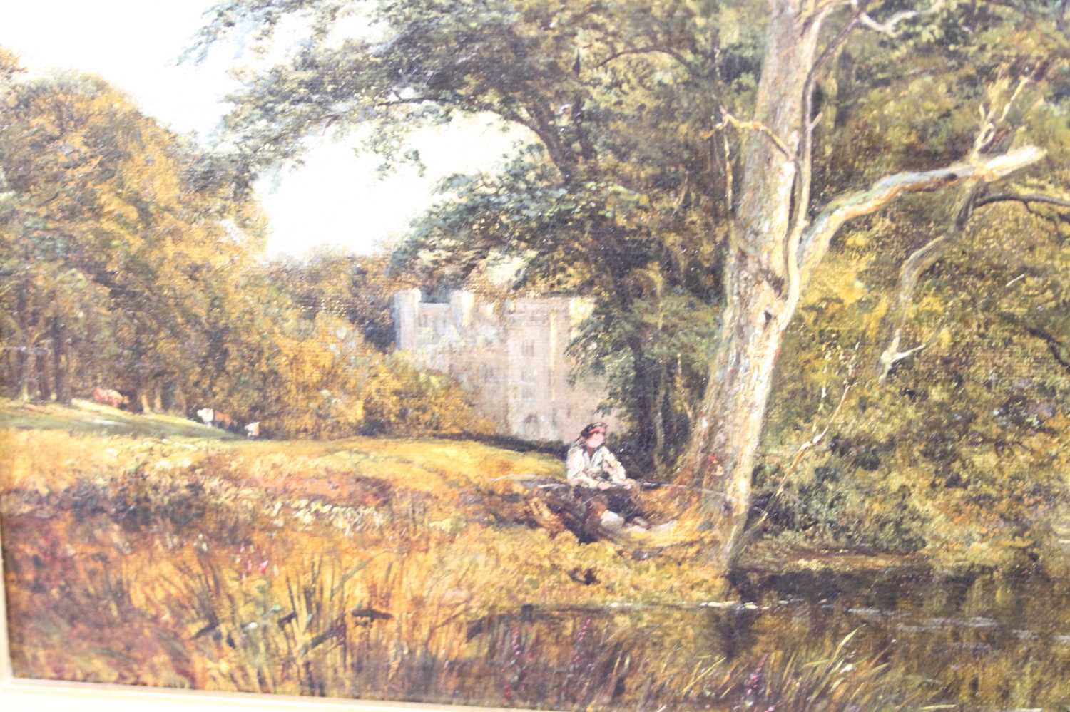 19th century English school - Lone fisherman in a parkland landscape, oil on canvas, 28 x 43.5cm - Image 3 of 5