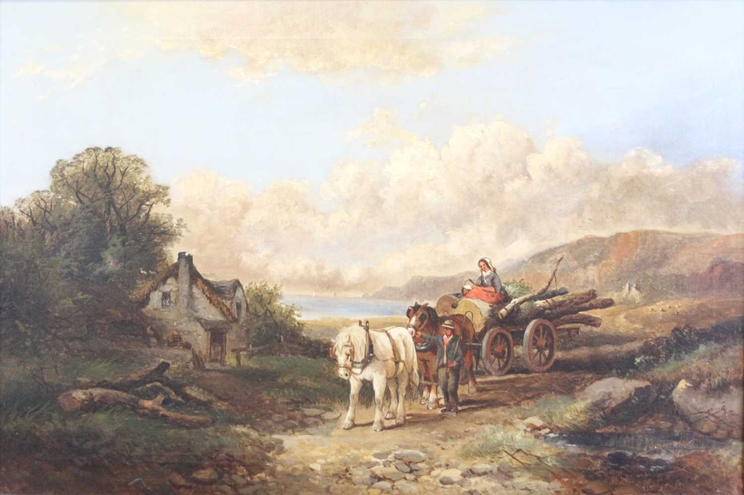 19th century English school - Travellers with horses and log cart returning home on a coastal track,