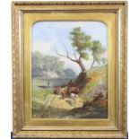 C Holland (XIX) - Driving cattle through a landscape, oil on canvas, signed lower left, 35 x 27.5cm