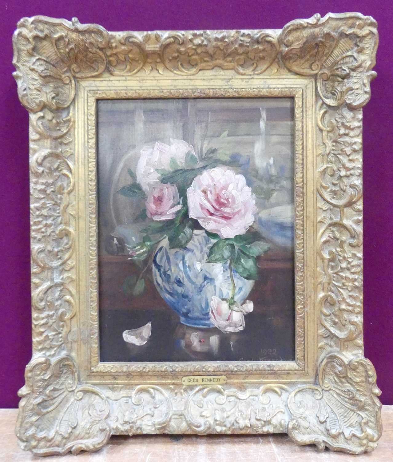 § Cecil Kennedy (1905-1997) - Still life pink roses in a blue and white bulbous vase, oil on wood - Image 2 of 6