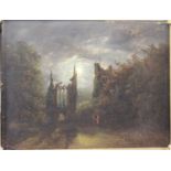 After Sebastian Pether (1790-1844) - Figures by church ruins in moonlight, oil on panel, 23 x