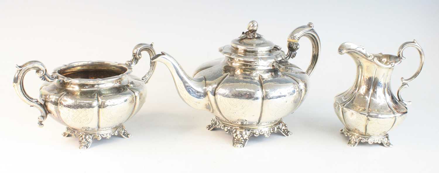 A Victorian silver three-piece tea set, comprising teapot, cream jug and sugar bowl, each piece of - Image 9 of 11