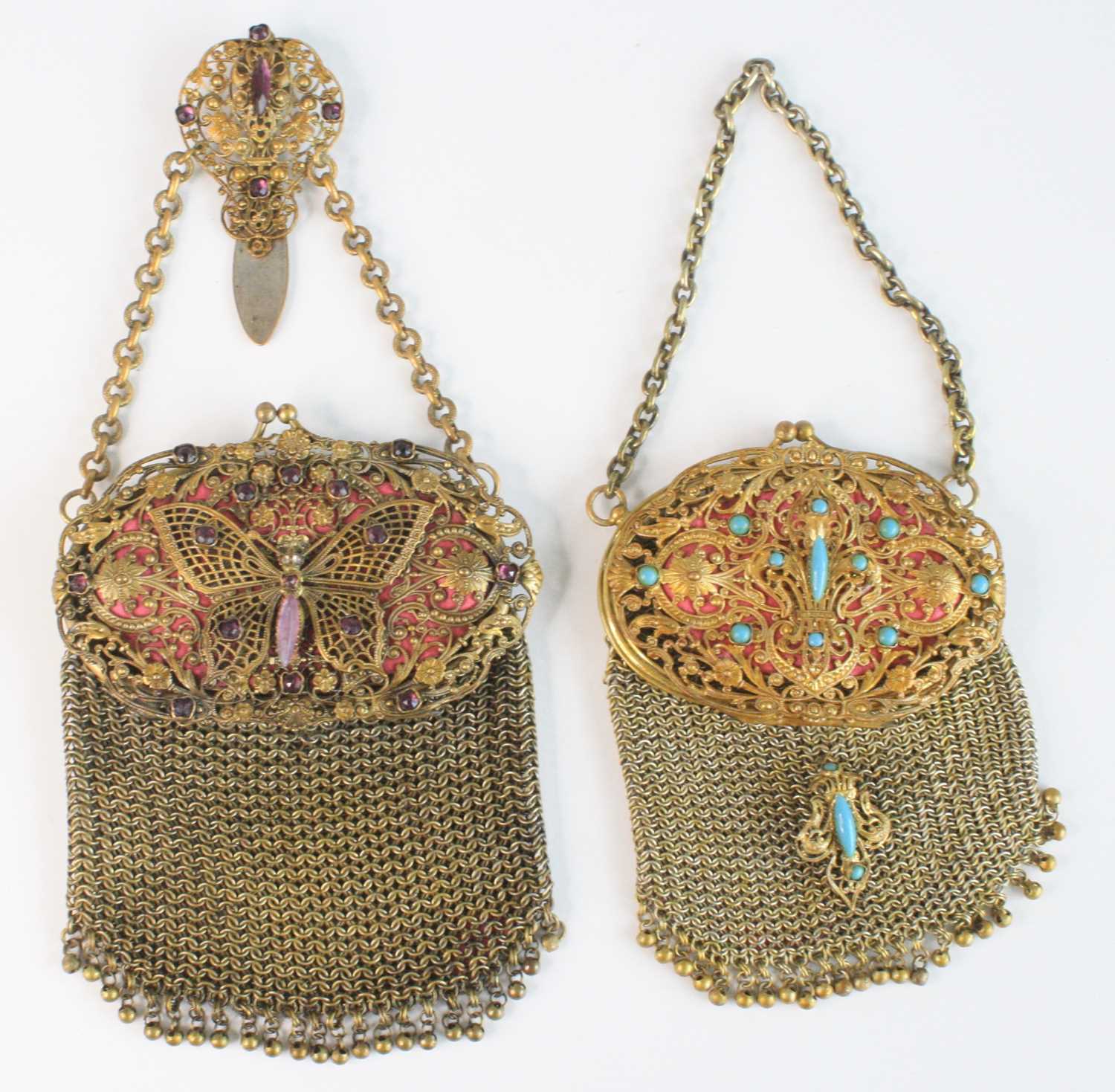 A late 19th century French silvered cast brass chatelaine / vanity purse, the top of oval form