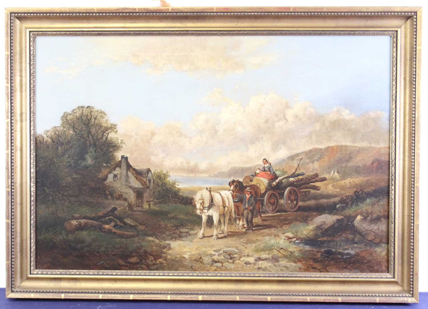 19th century English school - Travellers with horses and log cart returning home on a coastal track, - Image 2 of 5