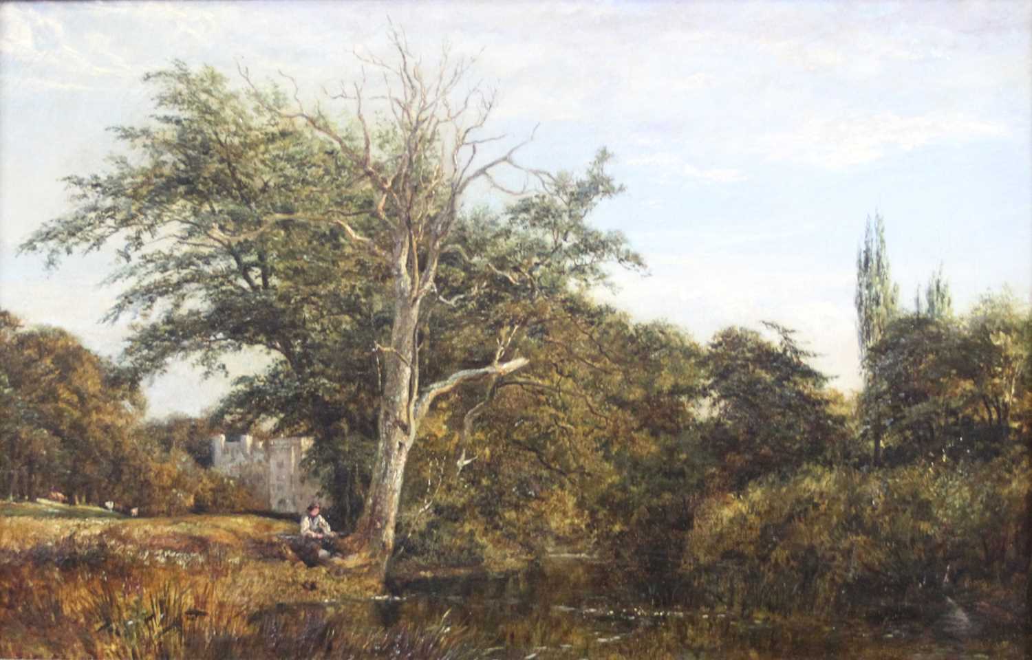 19th century English school - Lone fisherman in a parkland landscape, oil on canvas, 28 x 43.5cm