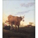 19th century English school - Cattle and milkmaid in a landscape, oil on panel, 38 x 33cm