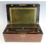 A Victorian burr walnut and brass bound campaign writing box, the hinged cover with brass plaque