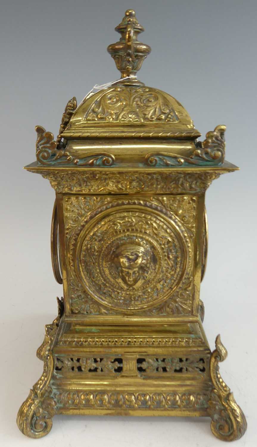 A late 19th century French cast and gilt brass three-piece clock garniture, comprising; clock of - Image 3 of 6