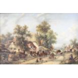 19th century Dutch school - Extensive rural scene with tradesmen and farmhands, horses, carts and