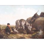 Thomas Smythe (1825-1907) - Traveller encampment with boy, attendant dog and feeding donkey, oil