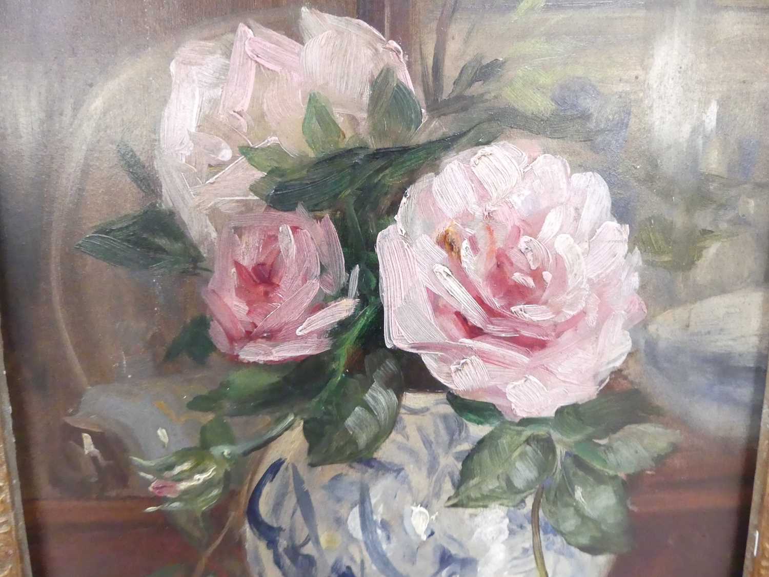 § Cecil Kennedy (1905-1997) - Still life pink roses in a blue and white bulbous vase, oil on wood - Image 3 of 6