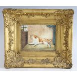 Mid-19th century English school - study of a cat taunting a dog, watercolour on ivory, 12 x 16cm,