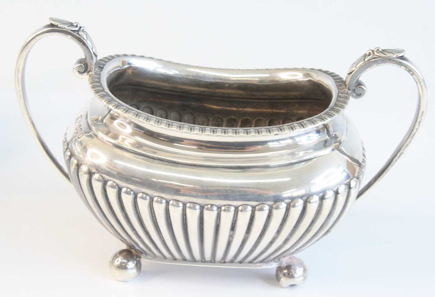 A late Victorian silver three-piece tea set, comprising teapot, sugar and cream, each piece of - Image 8 of 10