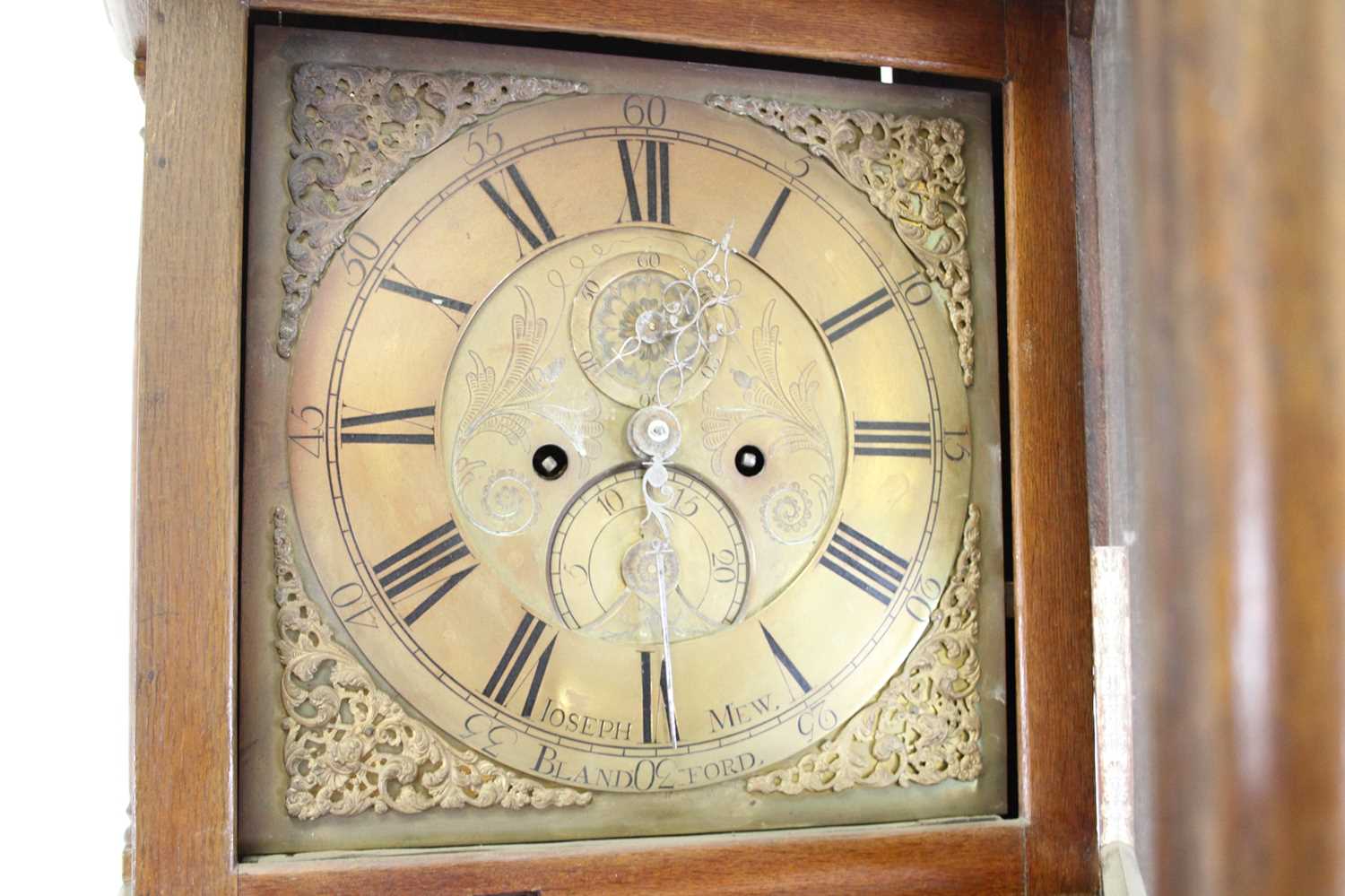 Joseph Mew of Blandford - a George III oak longcase clock, having a 12" square brass dial, signed - Image 3 of 6