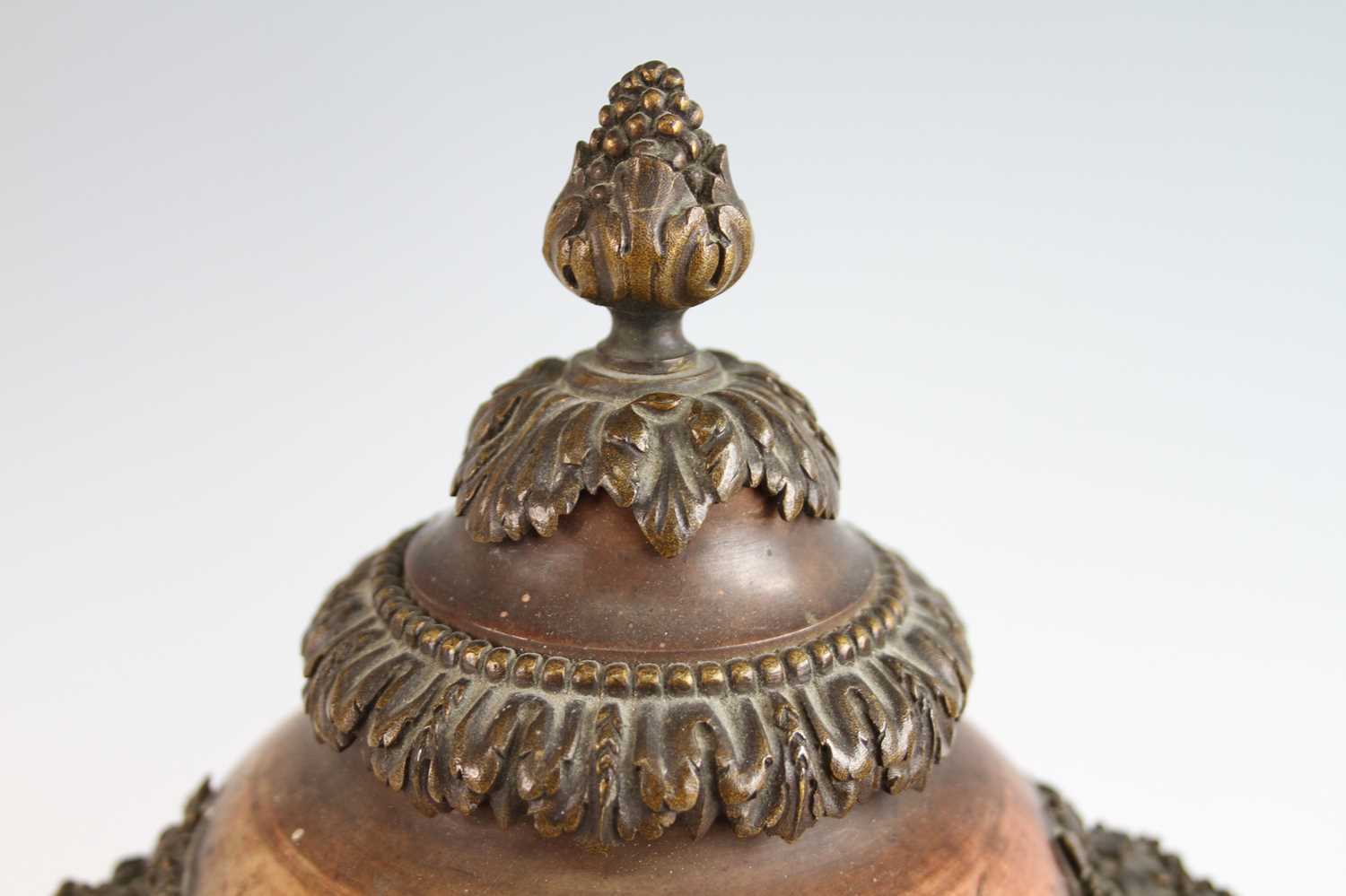 A pair of mid-19th century Jasper and gilt bronze mounted pedestal urns, having finial topped - Image 3 of 7
