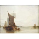 19th century Dutch school - Dutch barges with windmill beyond, oil on board, 22 x 30cm