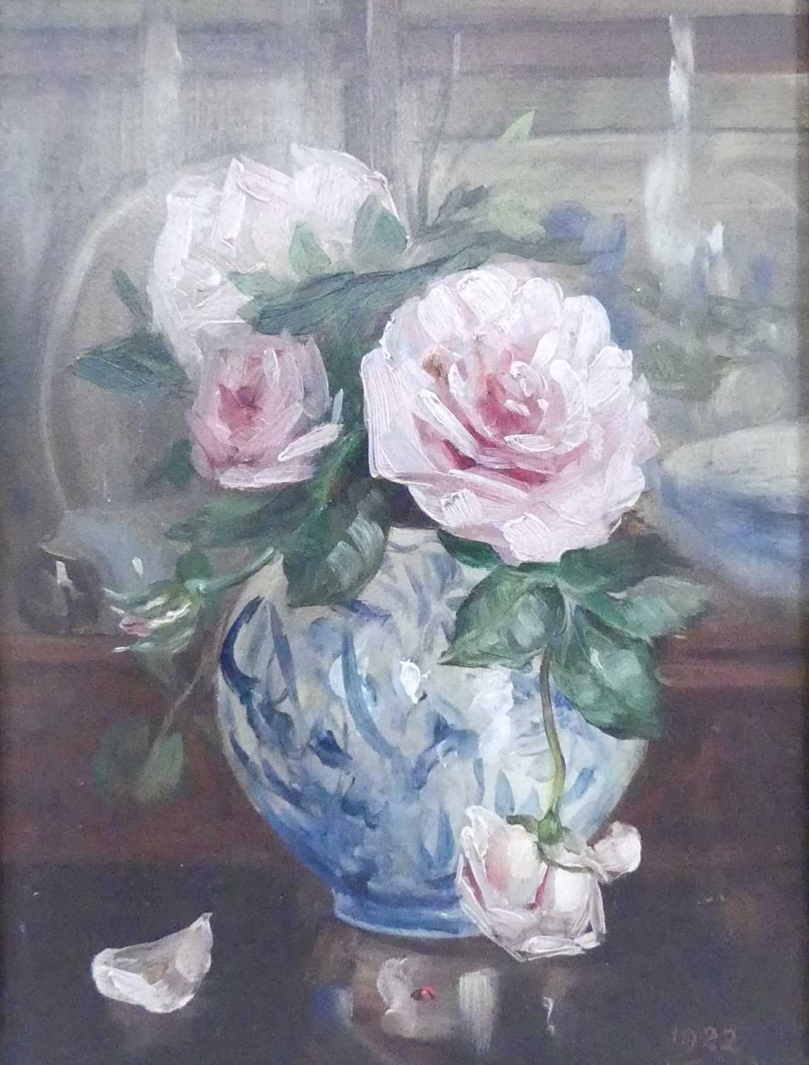 § Cecil Kennedy (1905-1997) - Still life pink roses in a blue and white bulbous vase, oil on wood