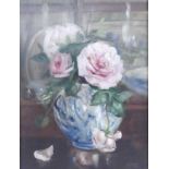 § Cecil Kennedy (1905-1997) - Still life pink roses in a blue and white bulbous vase, oil on wood