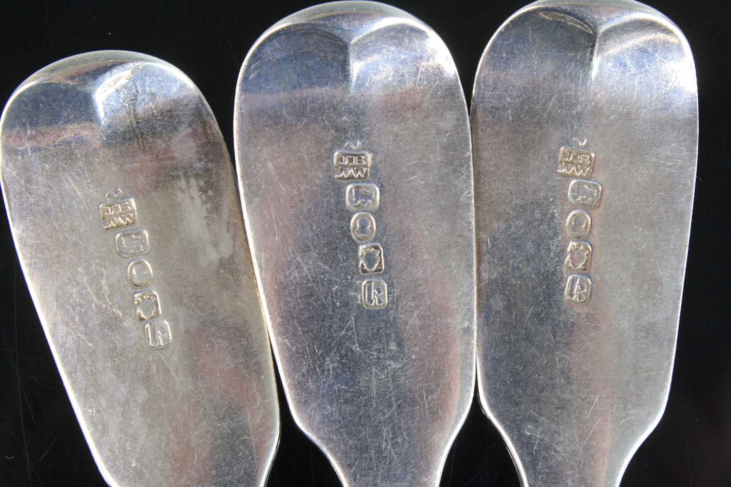 A set of three George IV York silver tablespoons, in the Fiddle pattern with monogrammed - Image 2 of 2