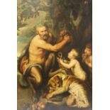 After Peter Paul Rubens (1577-1640) - A Satyr pressing grapes with a tiger and two children, oil