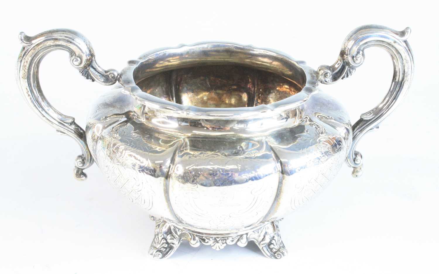 A Victorian silver three-piece tea set, comprising teapot, cream jug and sugar bowl, each piece of - Image 7 of 11