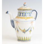 An Italian tin glazed earthenware coffee pot, probably Savona, early 18th century, polychrome