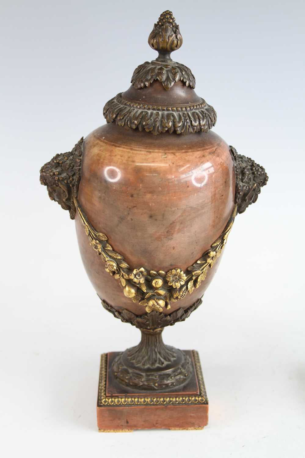 A pair of mid-19th century Jasper and gilt bronze mounted pedestal urns, having finial topped - Image 2 of 7