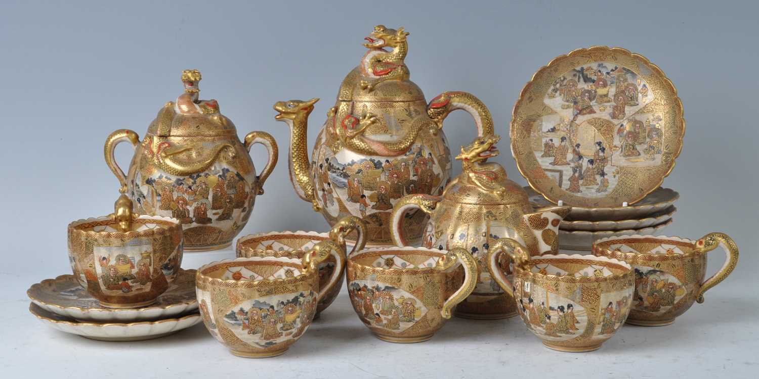 A Japanese satsuma six place tea set, early 20th century, comprising teapot and cover, cream jug and