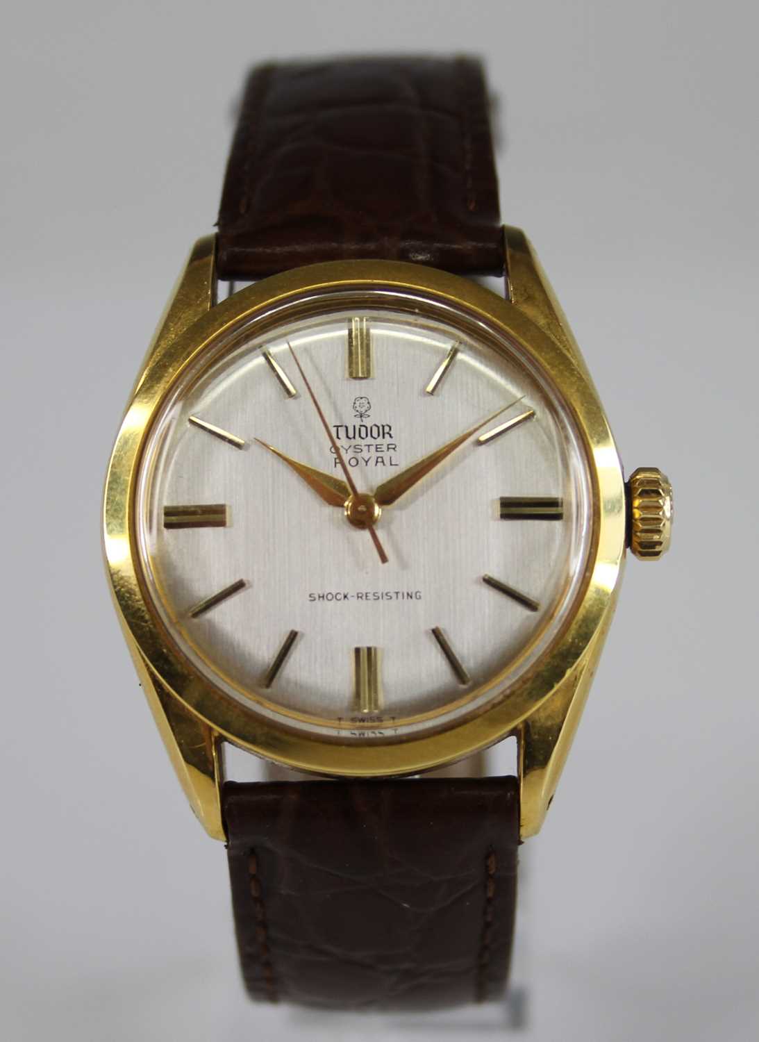 A gent's Tudor Oyster Royal gold plated manual wind wristwatch, having a signed silvered dial with