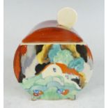A 1930s Clarice Cliff Forest Glen pattern pottery preserve pot and cover, in the Bonjour shape,