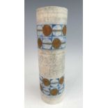 A large 1970s Troika cylindrical pottery vase, with banded upper and lower painted grid form