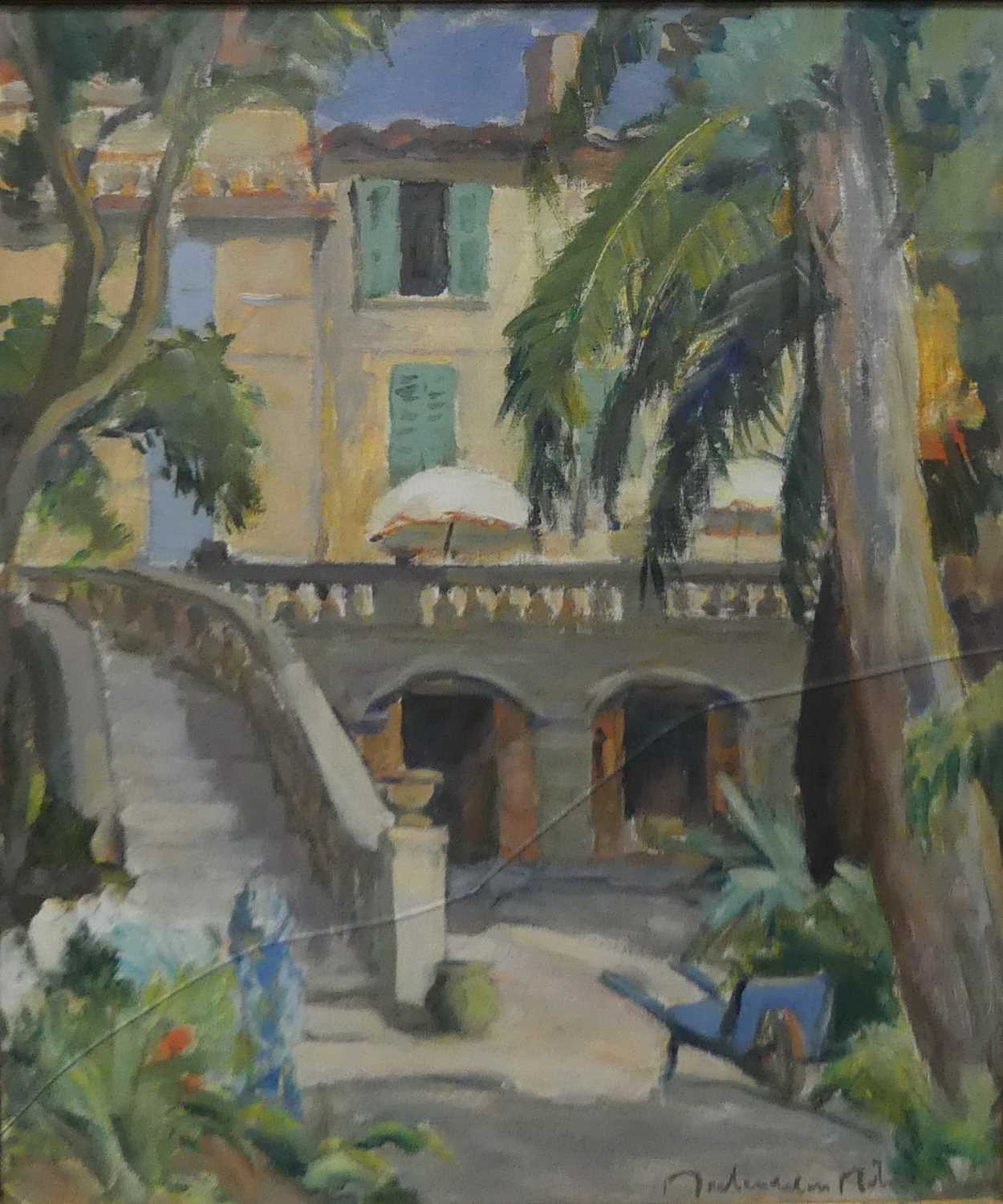 Mid-20th Century European School - Plaza in Provence, oil on canvas laid onto board, indistinctly