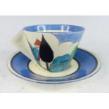 A rare Clarice Cliff May Avenue pattern pottery conical teacup and saucer, circa 1933, with