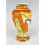 A rare Clarice Cliff Mei-Ping Green House pattern pottery vase, bright colour painted in tones of