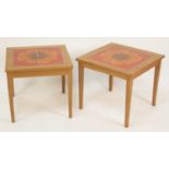 A pair of Danish 1970s light oak and burnt orange tile top inset square low occasional tables,
