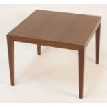 A 1960s Danish rosewood square coffee table, raised on slightly tapering supports, with 'Danish