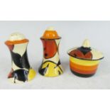 A 1930s Clarice Cliff Oranges & Lemons pattern pottery three-piece cruet set, comprising salt,
