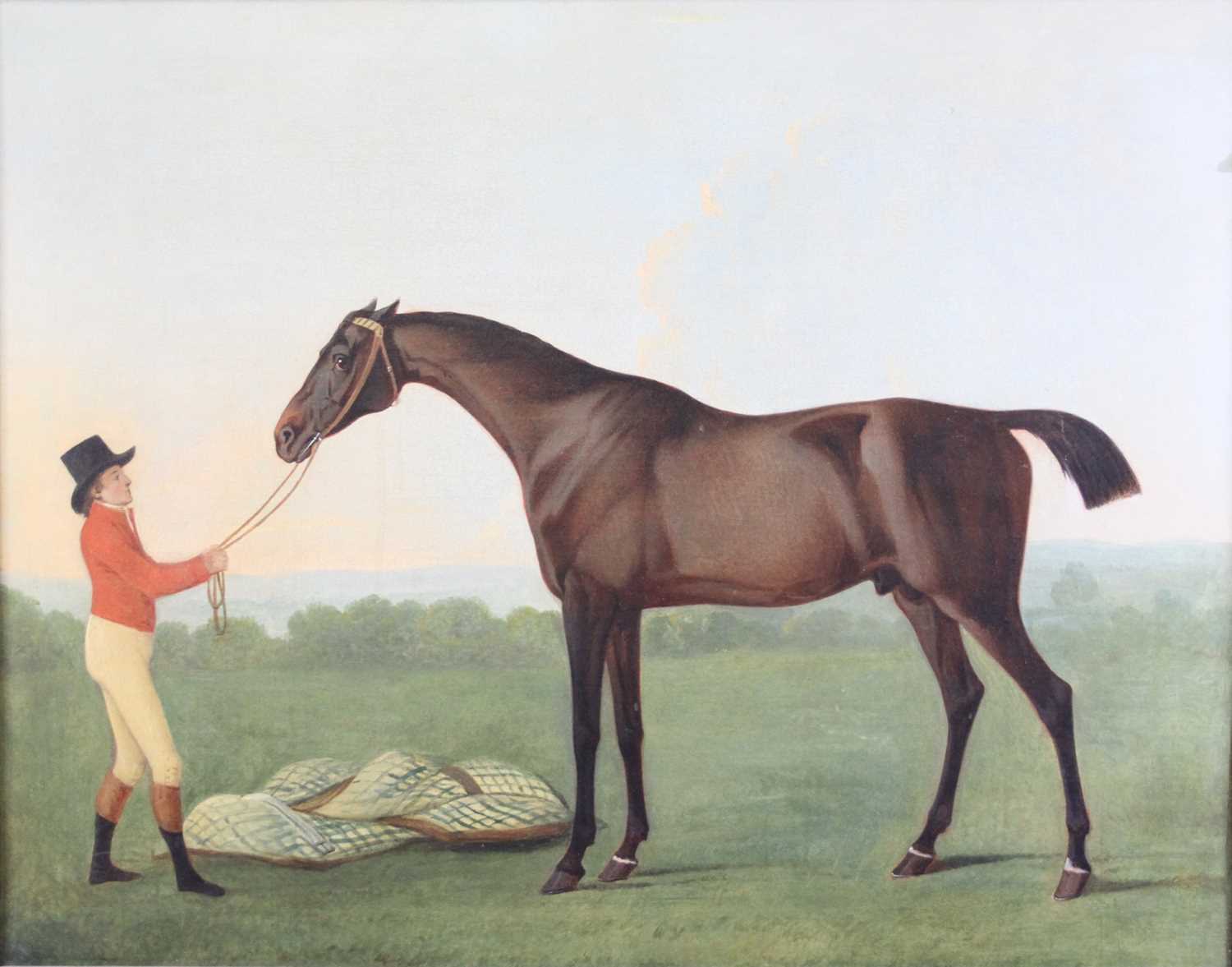 English school, late 18th century, Study of a stallion with trainer in a landscape, oil on canvas (