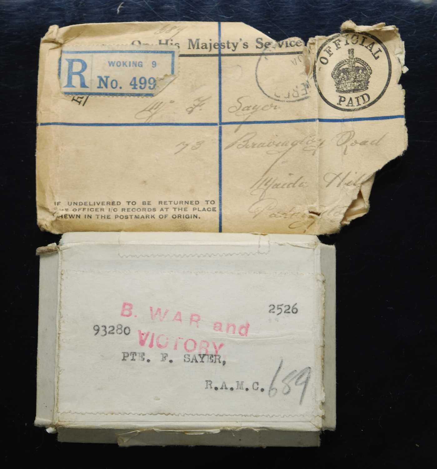 A WW I British War and Victory pair, naming 93280 PTE. F. SAYER. R.A.M.C., boxed and in O.H.M.S. - Image 3 of 4