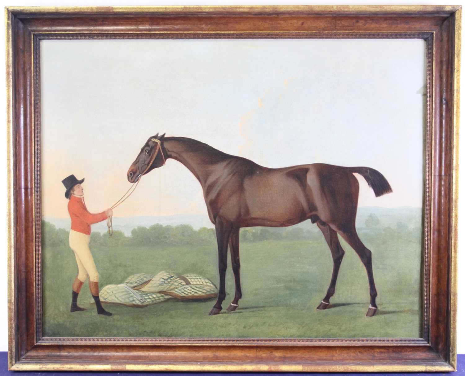English school, late 18th century, Study of a stallion with trainer in a landscape, oil on canvas ( - Image 2 of 3