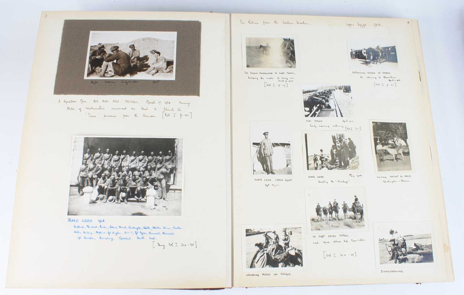 A WW I photograph/postcard album, the contents neatly mounted and annotated below, the opening - Image 3 of 8