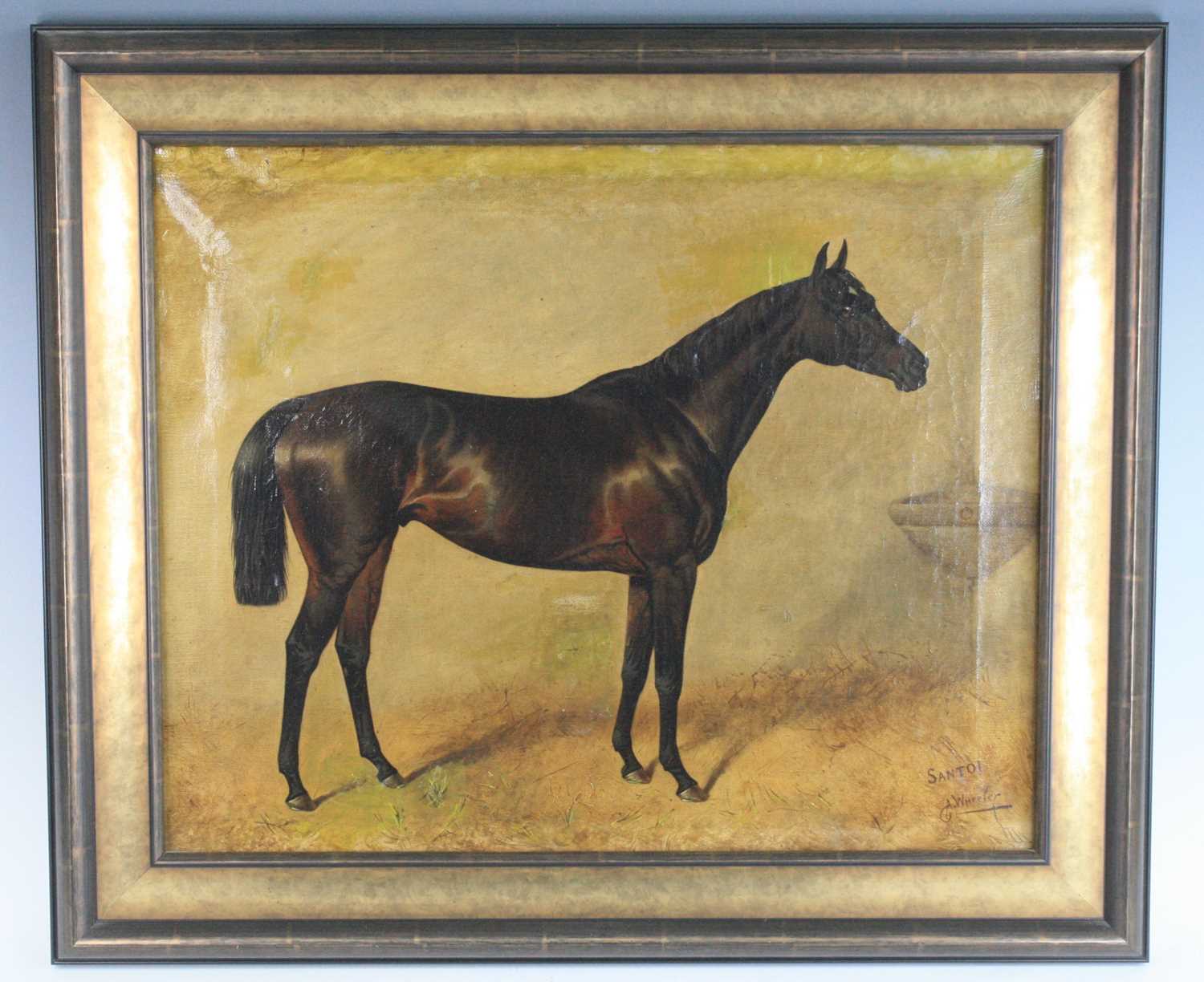 John Arnold Alfred Wheeler, (1821-1903), Santoi a dark bay horse in stable, oil on canvas, signed