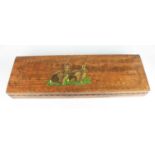 A hand made stained pine gun case, the hinged lid painted with two rabbits, opening to reveal a
